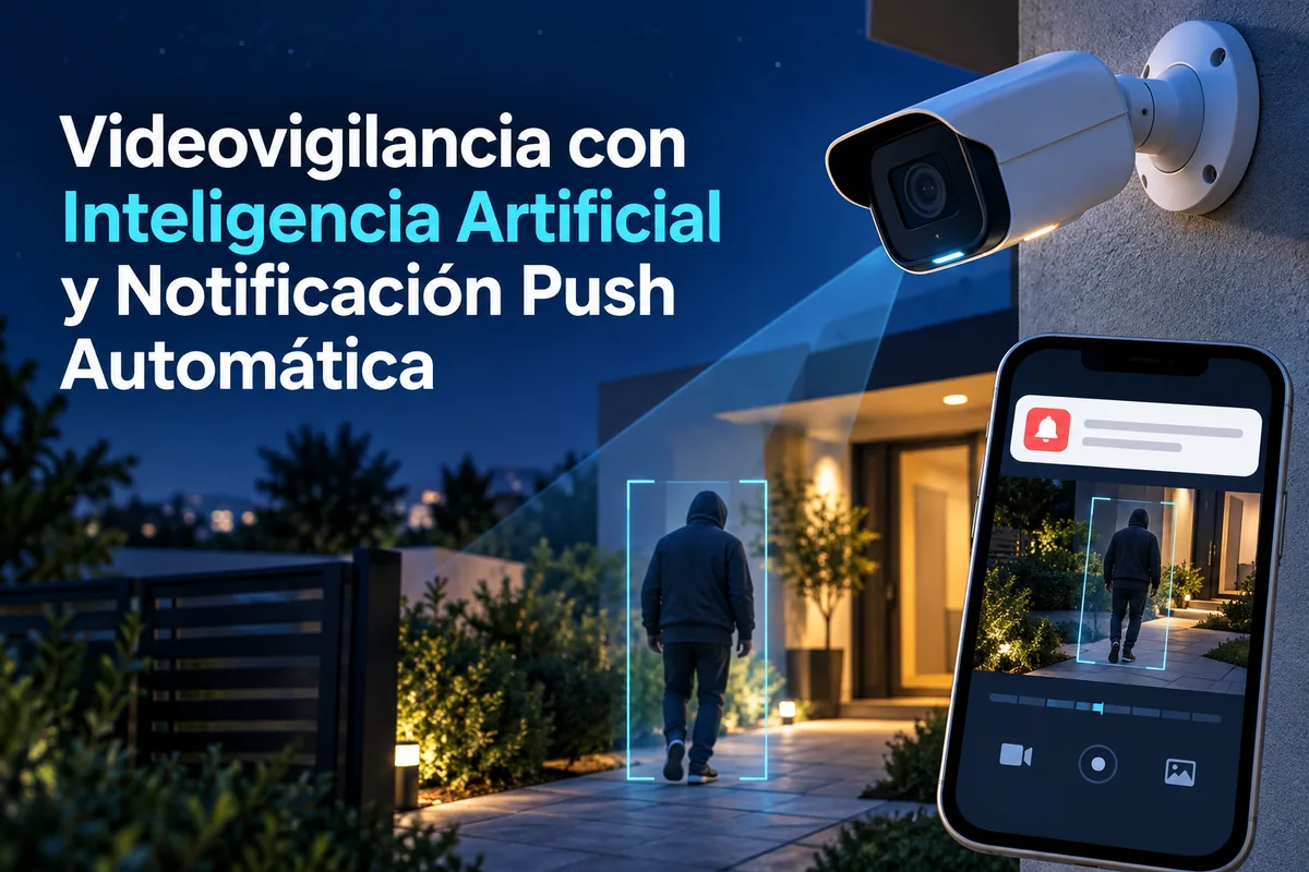 Portada ilustrada sobre notificación push de videovigilancia.
